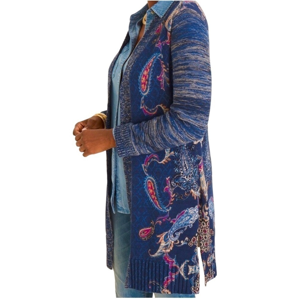 Chicos Boho Paisley Long Open Cardigan Size Medium